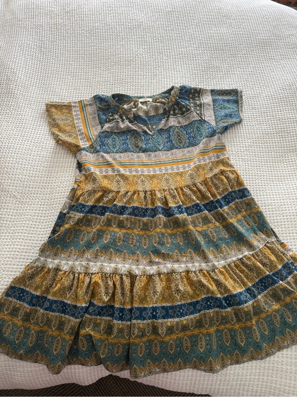 entro Tiered Boho Mini Dress in Mustard and Teal